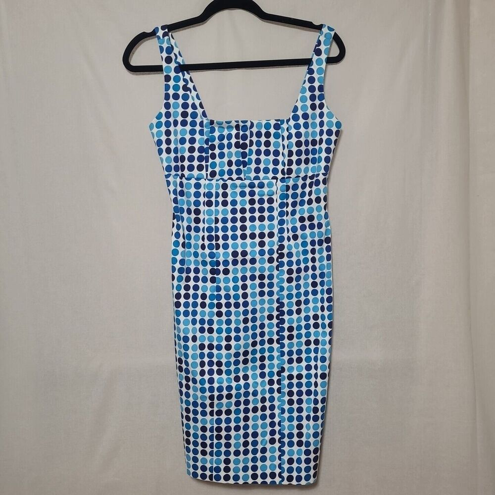 CALVIN KLEIN Size 2 AQUA BLUE POLKA DOT SHEATH DRESS PLEATED TOP Knee Length
